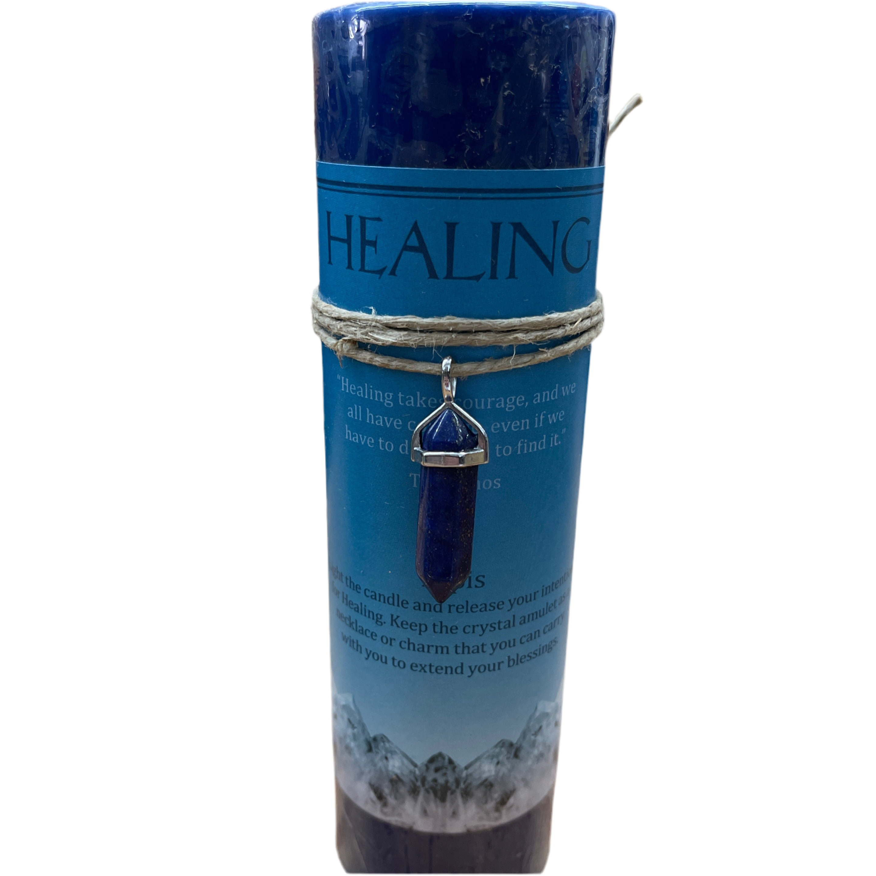 Blue candle with a crystal pendant on a white background
