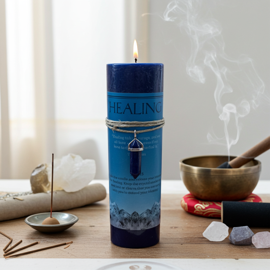 A blue cylindrical candle labeled 'HEALING' with a hanging blue crystal pendant, lit and placed on a wooden surface with incense sticks, crystals, a brass bowl, and smoke in the background.