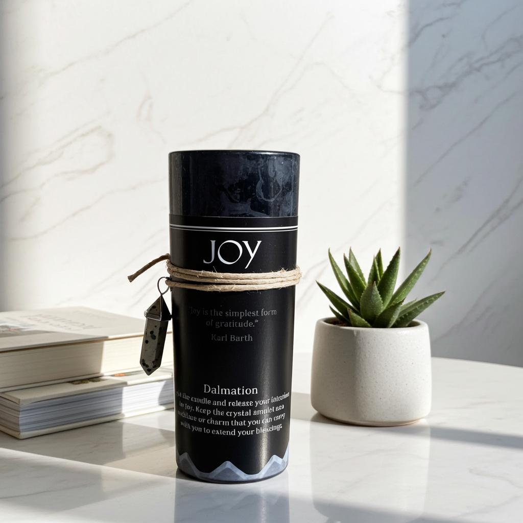 A black cylindrical gift box for a crystal candle, featuring the word 'JOY' in white and the scent name 'Dalmation' with a small hanging tag. The box is styled on a white marble surface next to a small potted succulent and a stack of books.