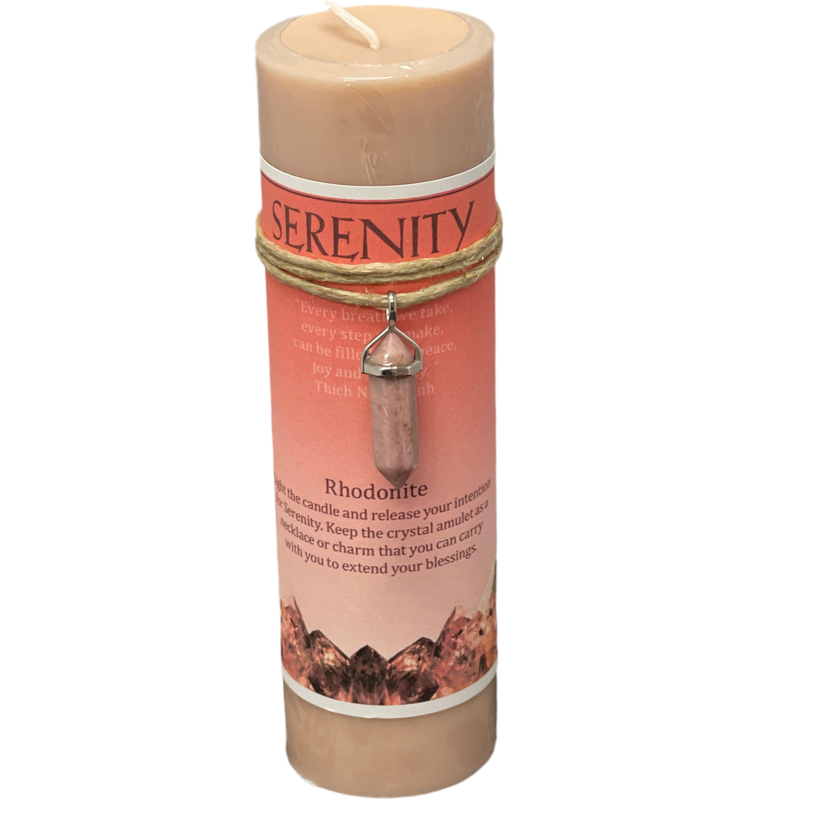 Serenity candle with rhodonite stone on a white background
