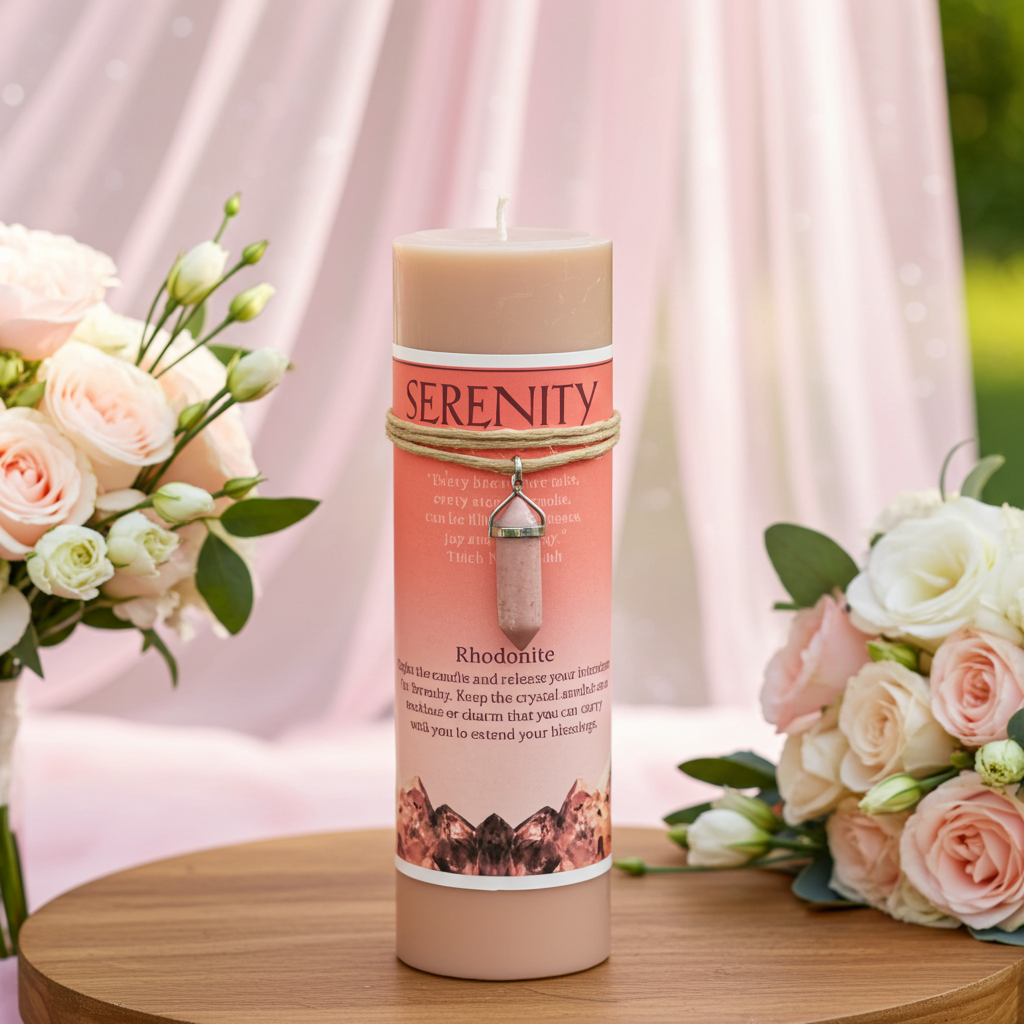A beige pillar candle with a pink label reading 'SERENITY' and 'Rhodonite' stands on a round wooden table, styled with pink and white roses against a soft pink draped backdrop.