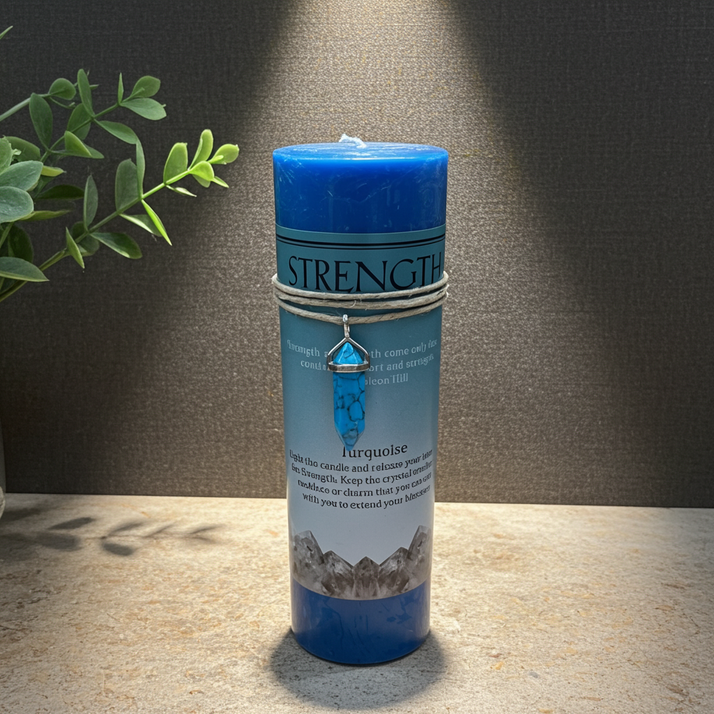 A blue and white cylindrical crystal candle labeled 'STRENGTH' with a turquoise crystal charm wrapped around the middle, set on a stone surface with a textured gray wall and a green plant in the background.