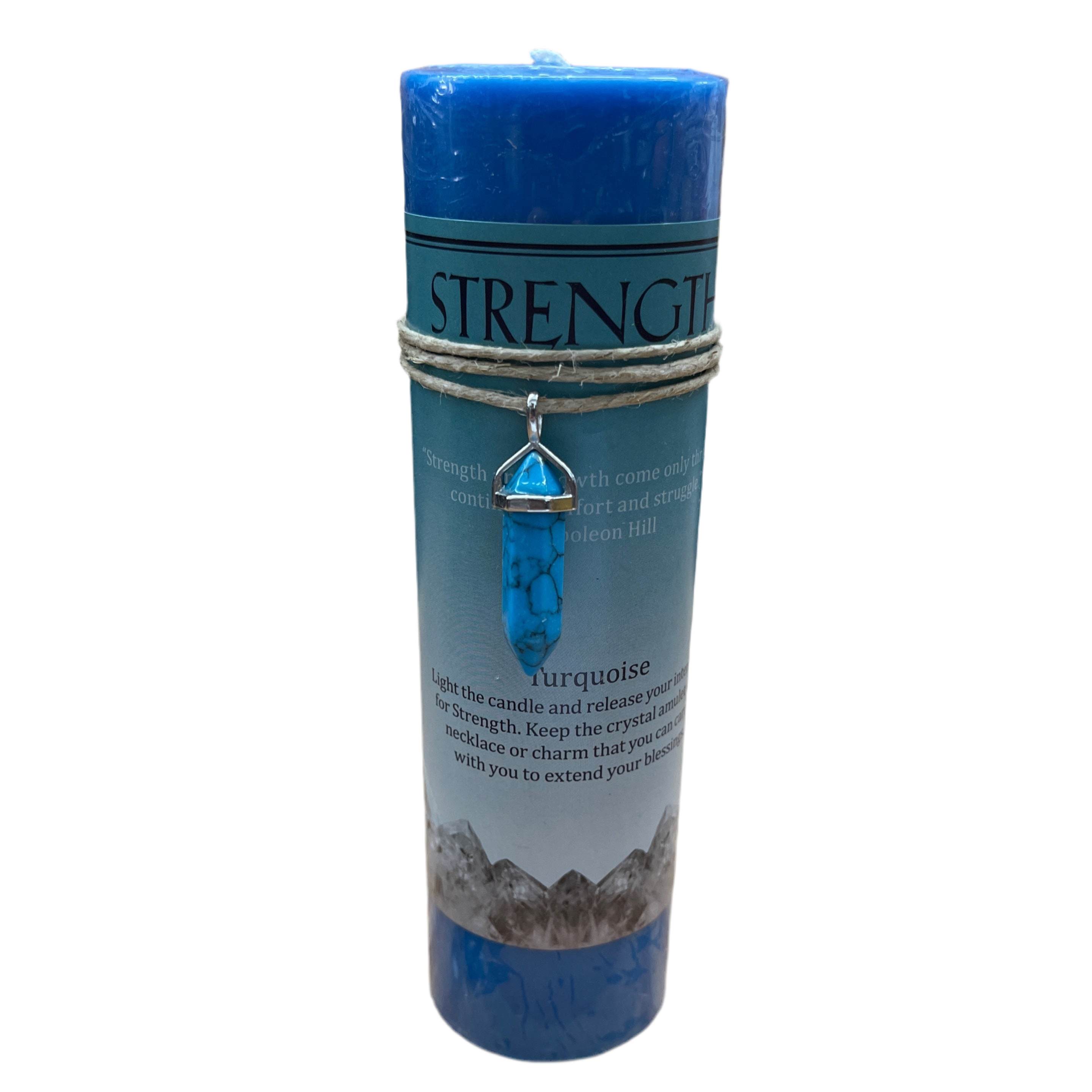 Blue candle with 'Strength' text and decorative elements on a white background