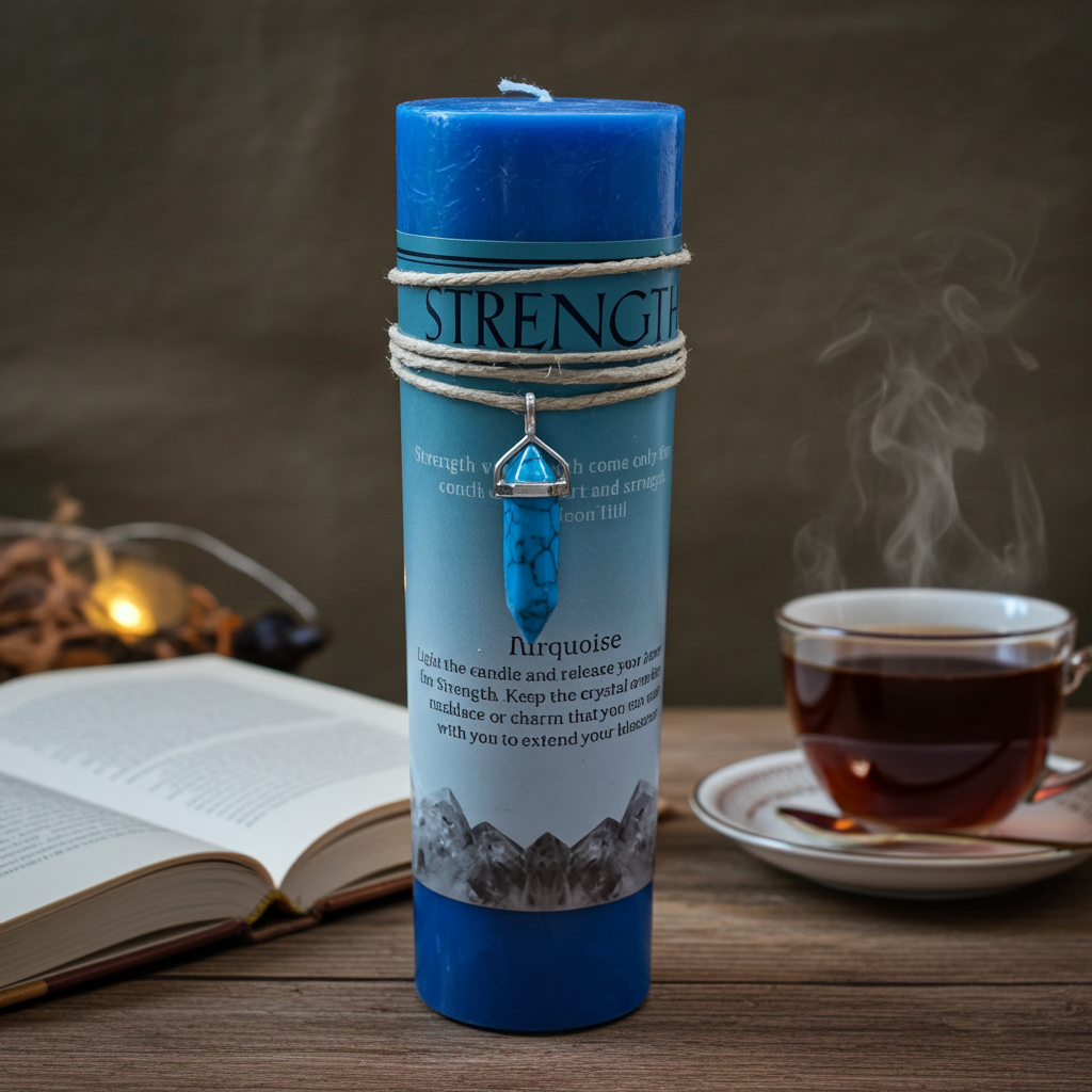 A blue pillar candle labeled 'STRENGTH' and 'Aquarium' stands on a wooden table, wrapped with twine and adorned with a blue crystal charm. An open book, a cup of tea with visible steam, and a dark textured background are visible around it.