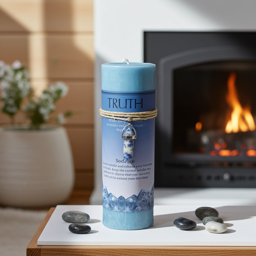 A light blue crystal candle labeled 'TRUTH' with a crystal ball charm wrapped around its center, displayed on a white surface in front of a fireplace with a flame burning in the background.