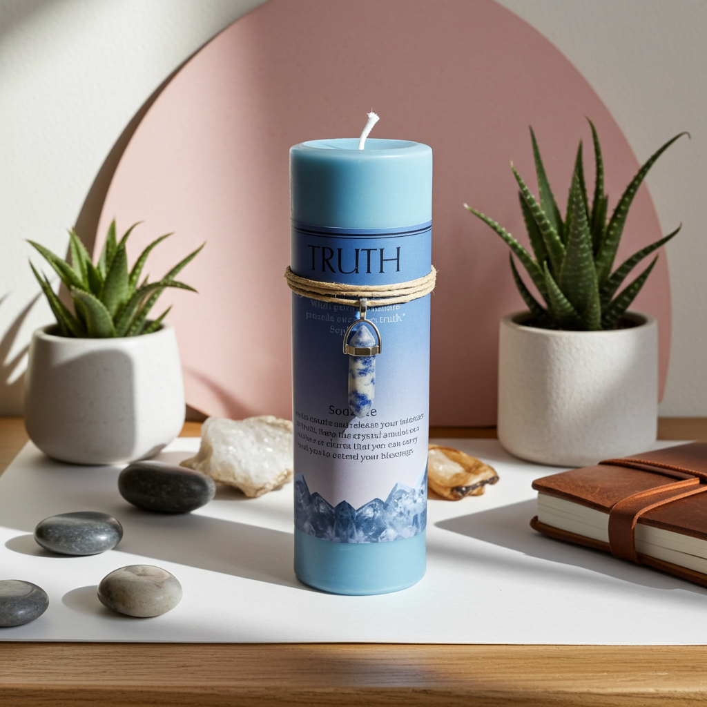 A light blue pillar candle labeled 'TRUTH' with a rope-wrapped middle and a small lighthouse charm, displayed on a tabletop with plants, stones, and a notebook in a styled interior setting.