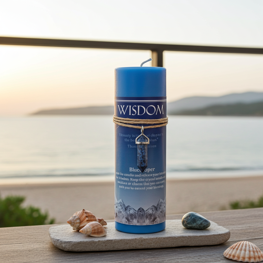 A blue pillar candle labeled 'WISDOM' stands upright on a stone tray outdoors by a beach at sunset, with shells nearby and the ocean and railing blurred in the background.