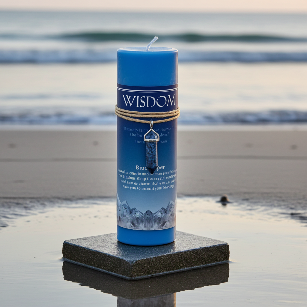 A blue pillar candle labeled 'WISDOM' stands upright on a square dark stone base at a beach shoreline, with ocean waves blurred in the background.