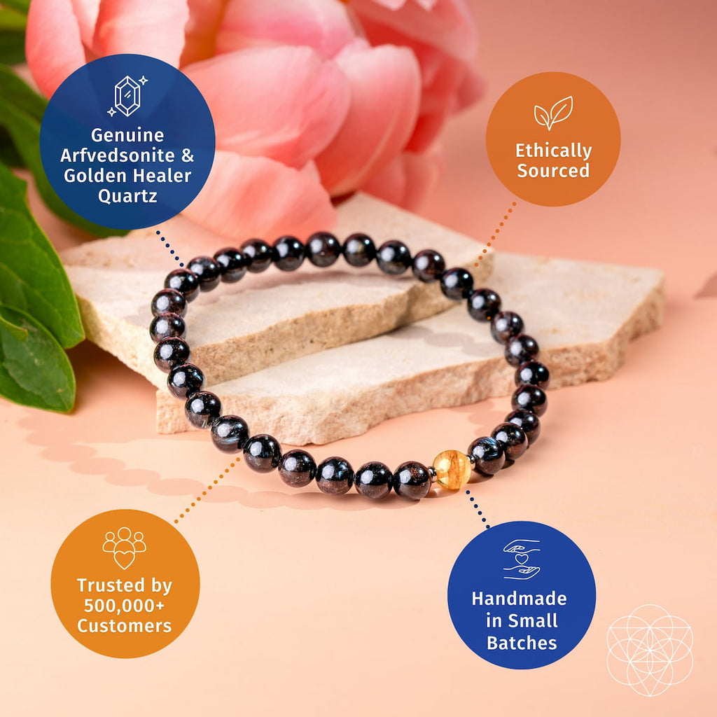 A beaded bracelet made of glossy black spherical stones with one small gold accent bead, displayed on a stone slab with pink flowers in the background. Four blue and orange circular callouts with icons and text surround the bracelet, reading 'Genuine Sakura Cherry Agate,' 'Ethically Sourced,' 'Trusted by 500,000+ Customers,' and 'Handmade in Small Batches.