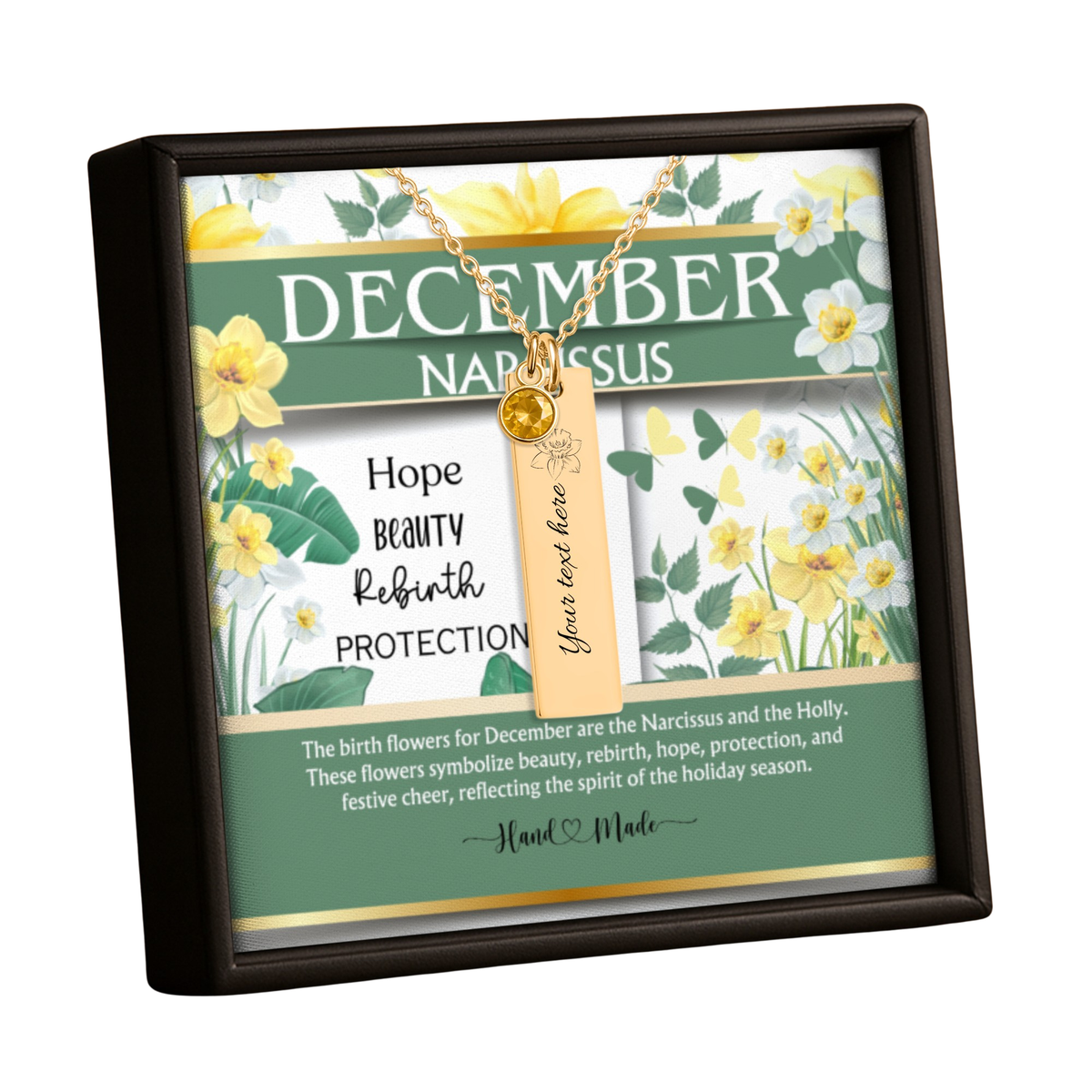 December Narcissus Birth Flower Vertical Bar Necklace with Turquoise by OwnPrint