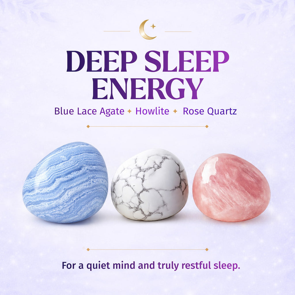 Three crystal balls (Blue Lace Agate, Howlite, Rose Quartz) on a light purple background with text about deep sleep energy.