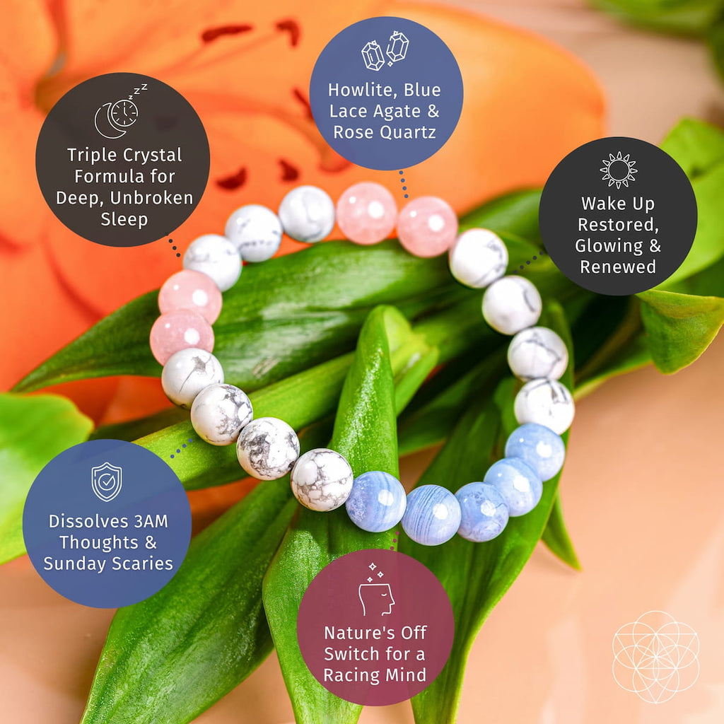 Colorful beaded bracelet on green leaves with text about its benefits