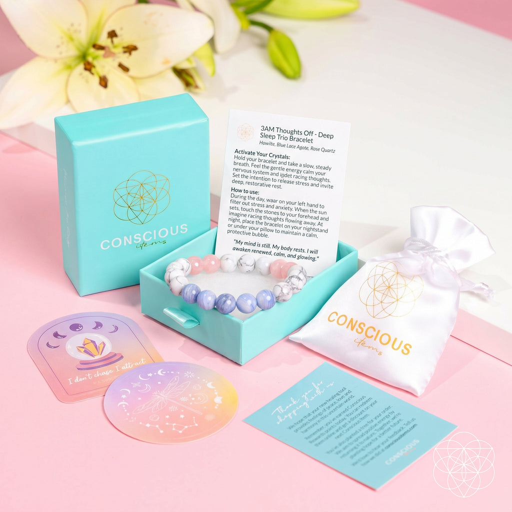 Conscious Design jewelry set with bracelet, card, and packaging on a pink background