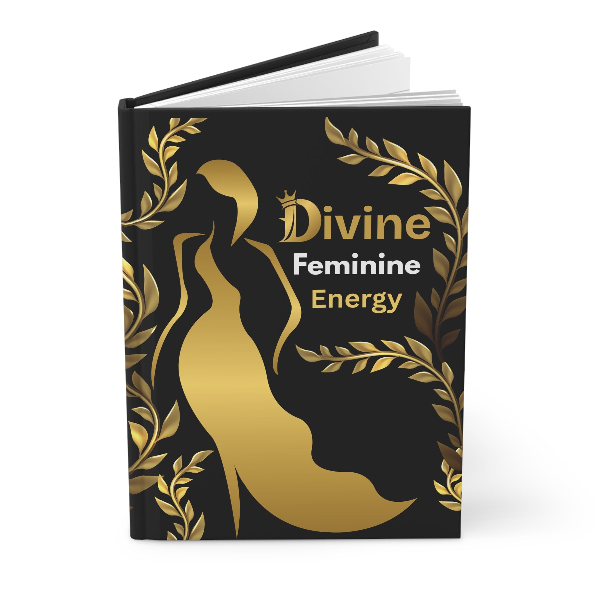 A hardcover journal or notebook with a black cover featuring a large gold silhouette of a high-heeled shoe, surrounded by gold laurel leaves. The text 'Divine Feminine Energy' is printed on the front in gold and white.