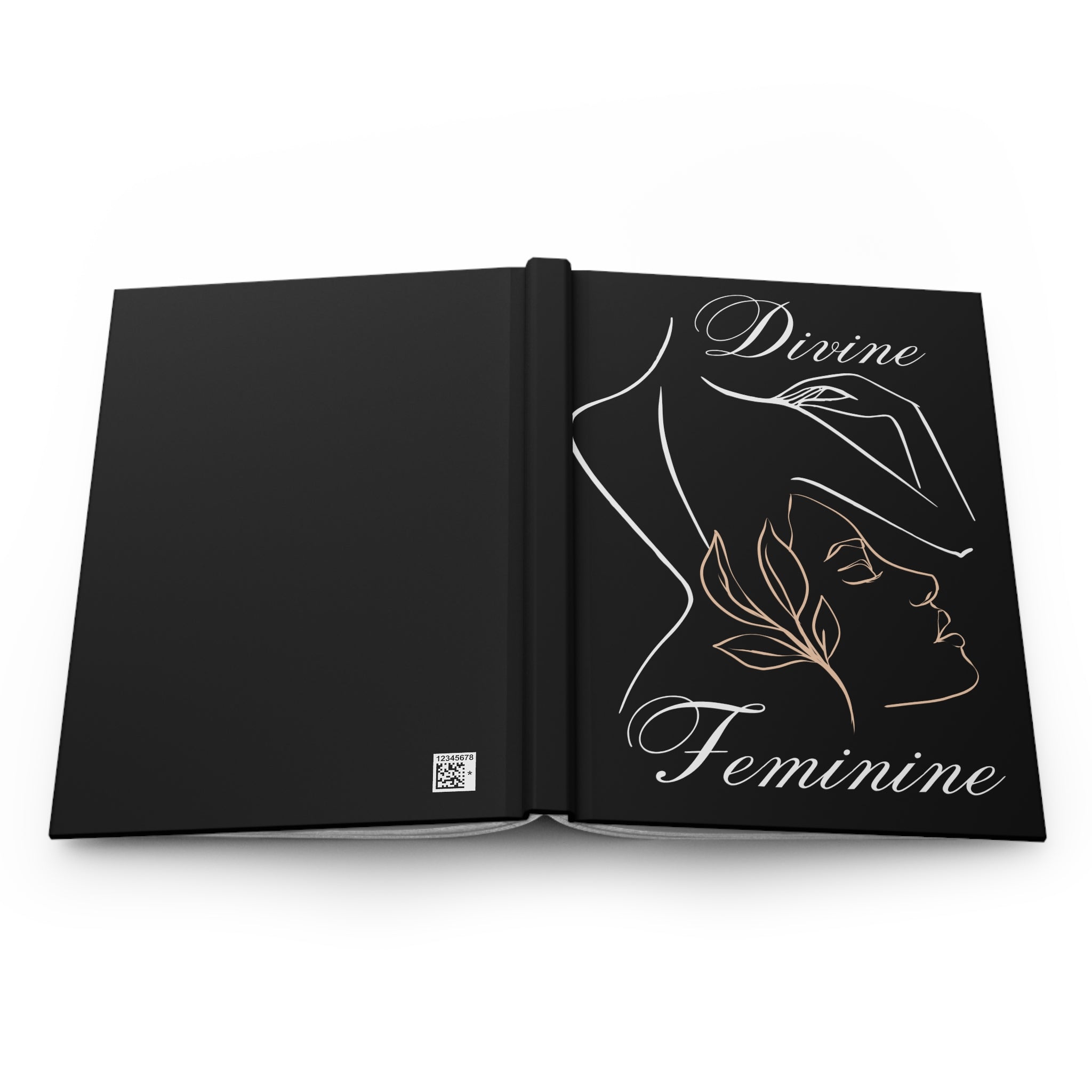 An open black journal or book with a minimalist line-art illustration of a woman's profile and the words 'Divine Feminine' in white and gold on the right page, shown on a clean white background.