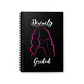 Black notebook with a pink silhouette of a woman and 'Divinely Guided' text on a white background