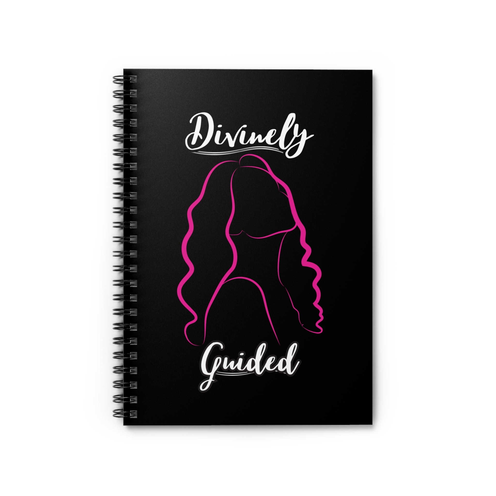 Black notebook with a pink silhouette of a woman and 'Divinely Guided' text on a white background