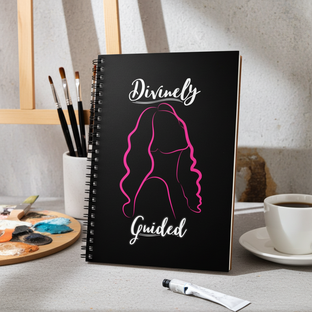 A black spiral notebook with a pink hair silhouette and the words 'Divinely Guided' in white script, standing on a tabletop in a styled art studio setting with paintbrushes, a cup of coffee, and paint palettes.
