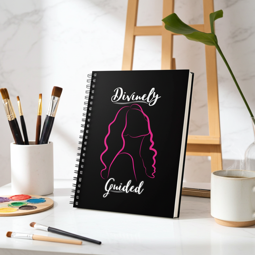A black spiral notebook with a pink hair silhouette and the words 'Divinely Guided' in white script, styled on a white marble desk with art supplies, a mug, and a wooden easel in the background.