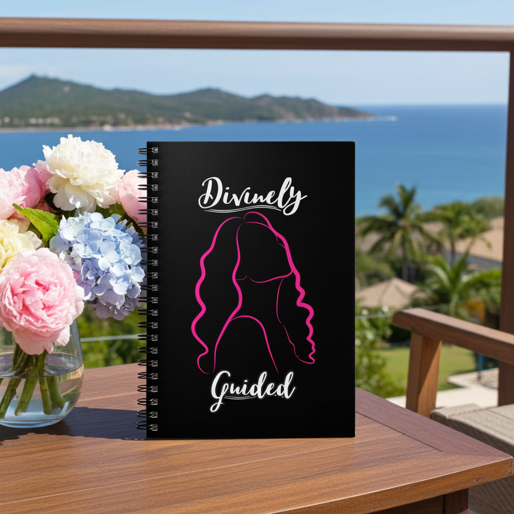 A black spiral notebook with the words 'Divinely Guided' and a pink hair silhouette stands on a wooden table outdoors, with flowers in a vase and a beach/ocean background visible.