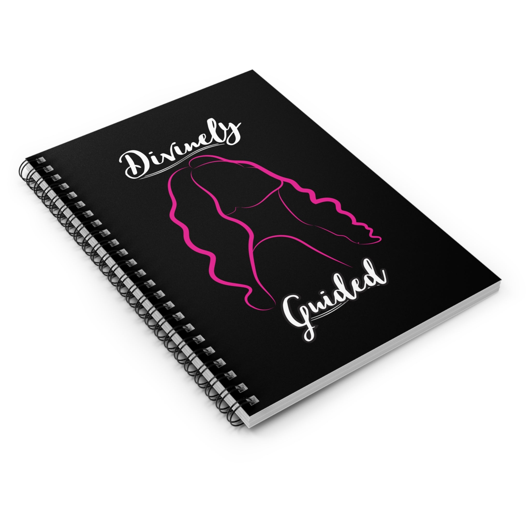 Black notebook with pink silhouette and 'Divinely Guided' text on a white background