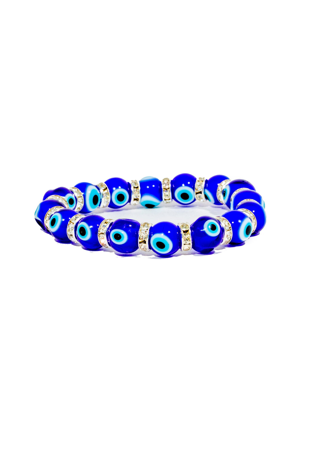 Blue beaded bracelet with eye design on a white background