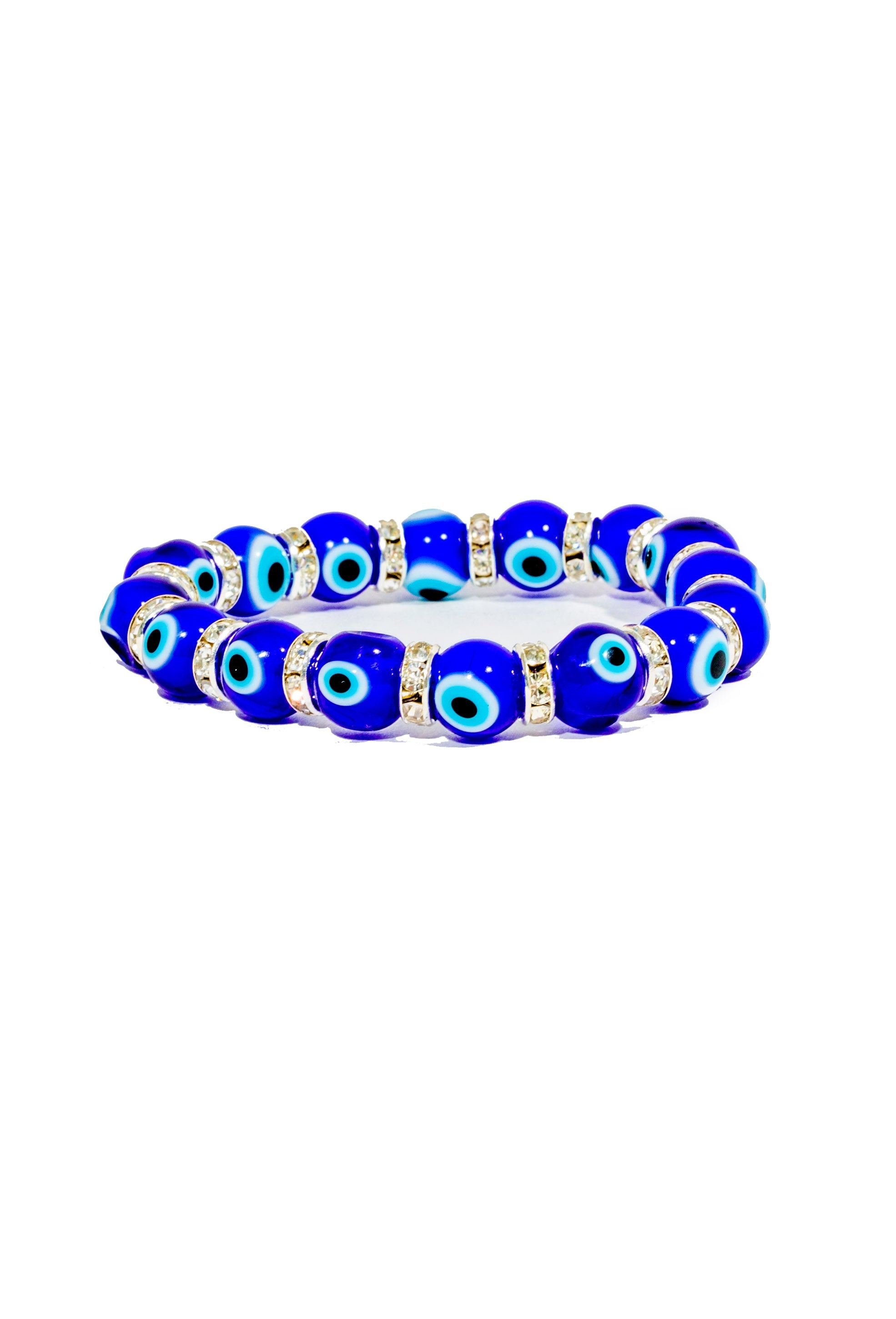 Blue beaded bracelet with eye design on a white background