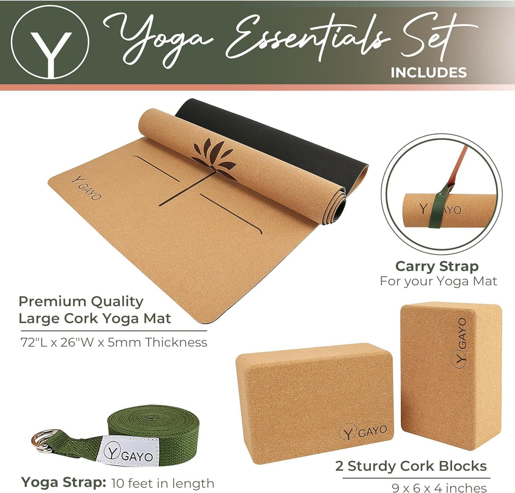 Yoga Essentials Set with cork yoga mat, strap, blocks, and carry strap on a white background.
