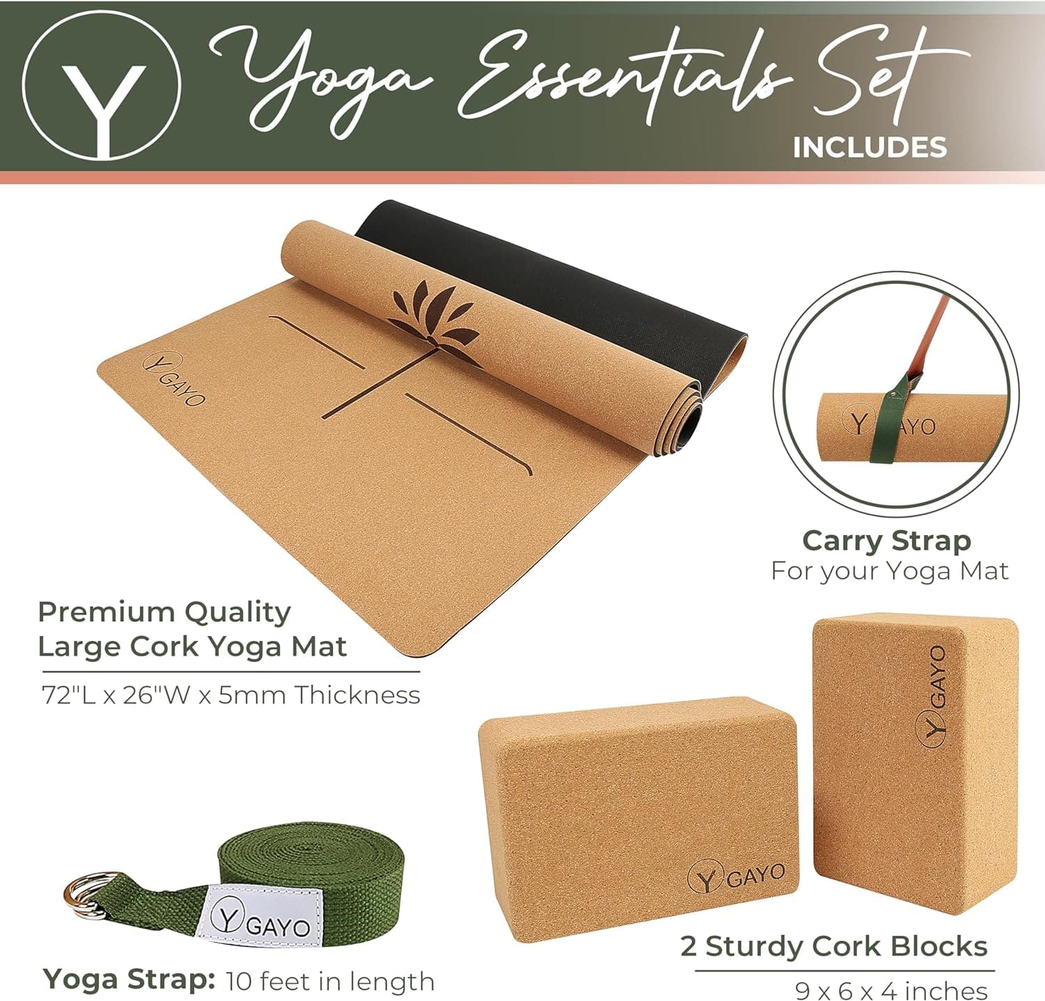 Yoga Essentials Set with cork yoga mat, strap, blocks, and carry strap on a white background.