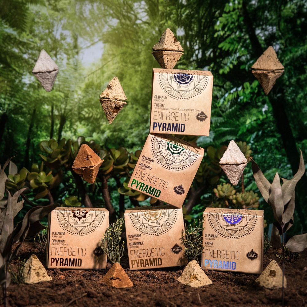 Energetic Pyramid packaging with natural elements in the background