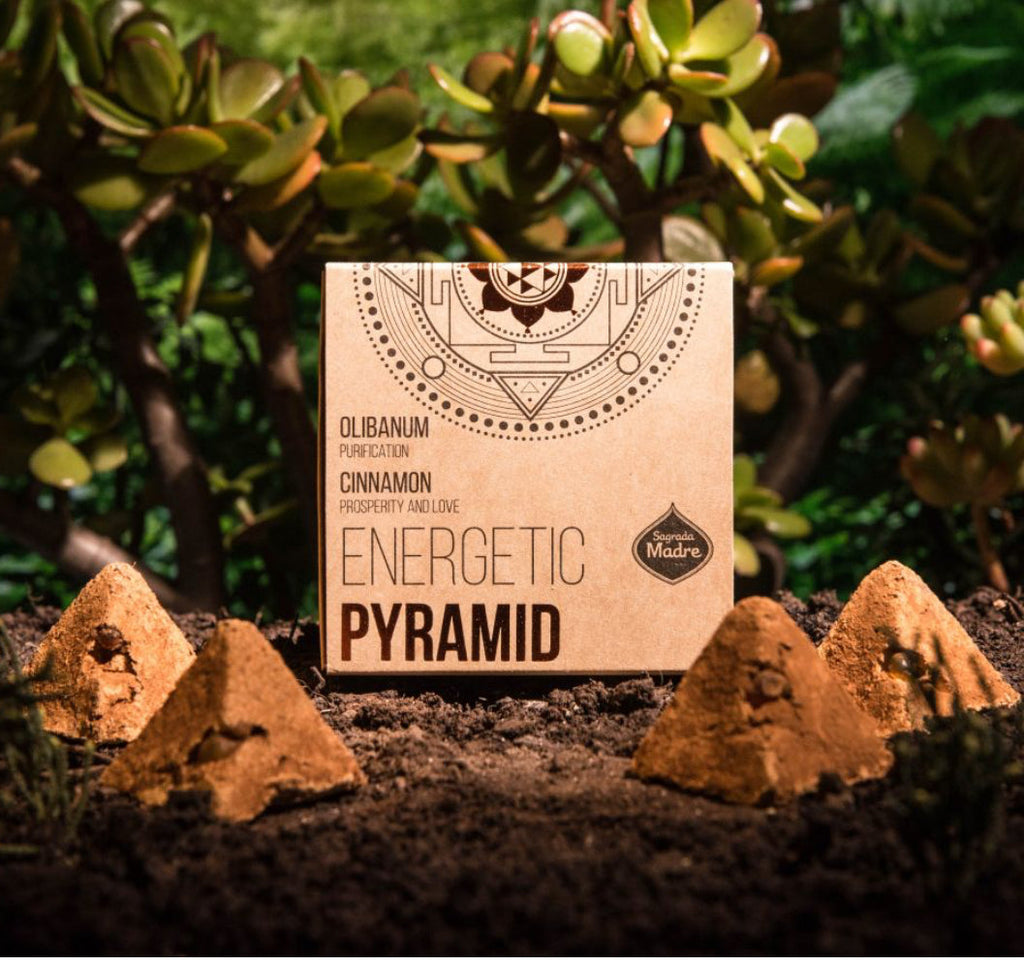 Energetic Pyramid packaging with pyramids on a soil background