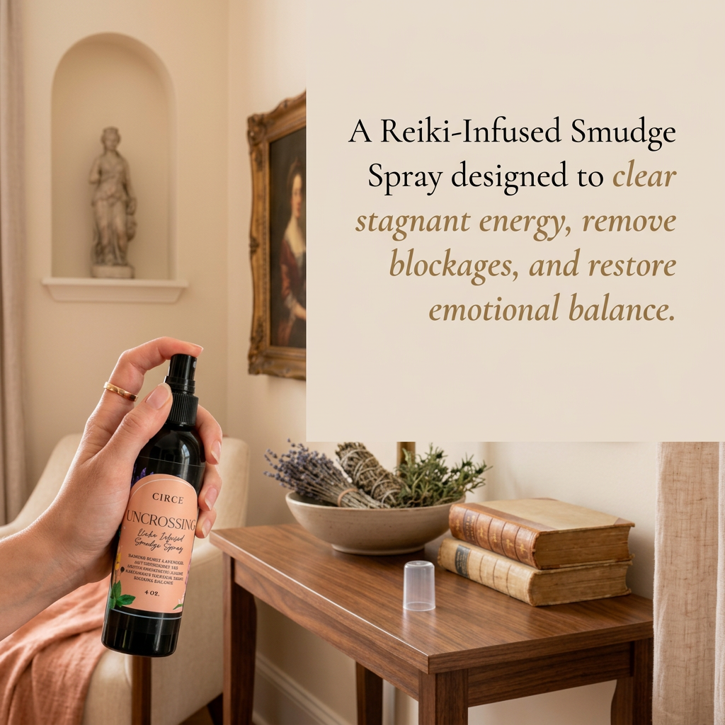 Person holding a bottle of Reiki-infused smudge spray in a room with decor elements.