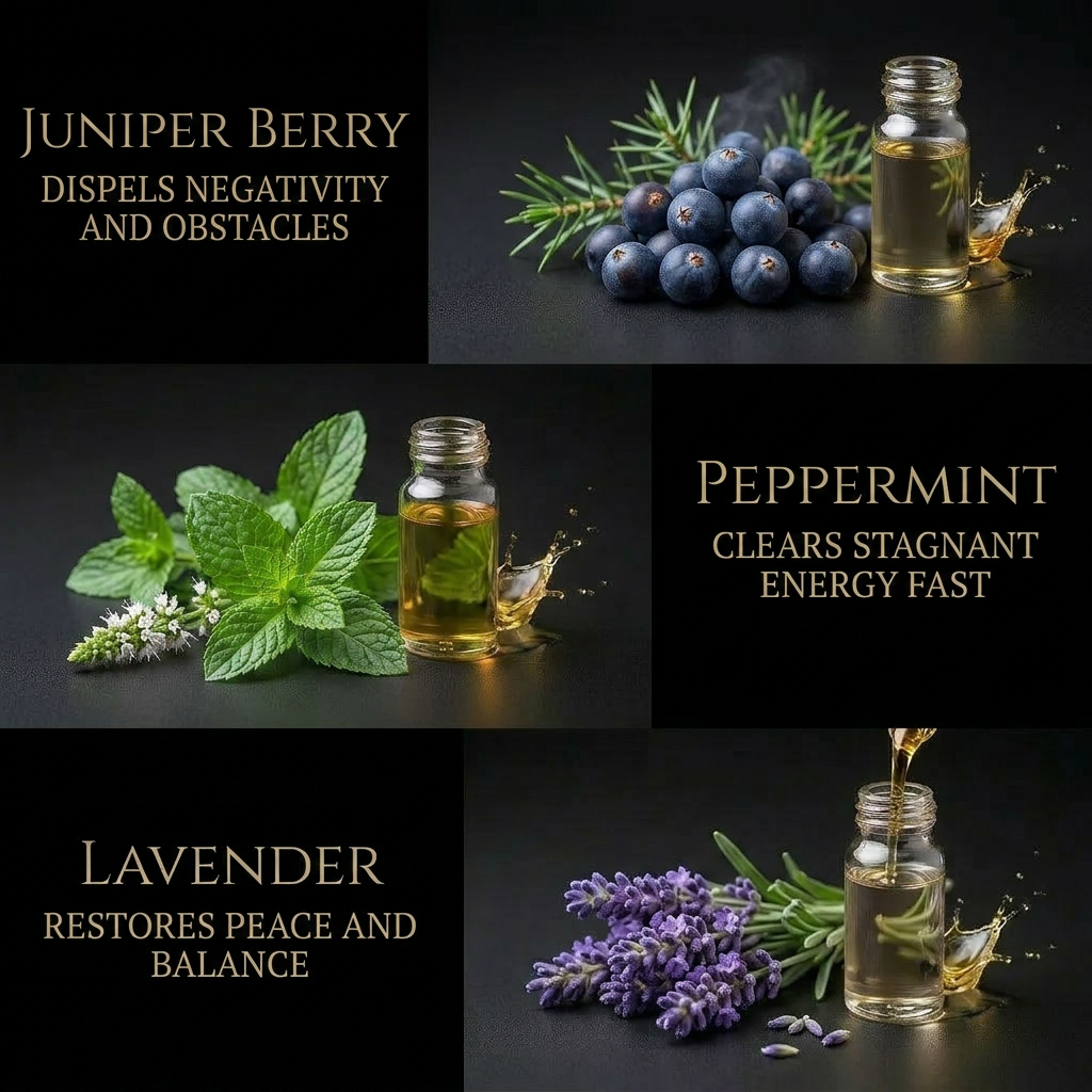Collage of juniper berry, peppermint, and lavender with their respective oils on a dark background.