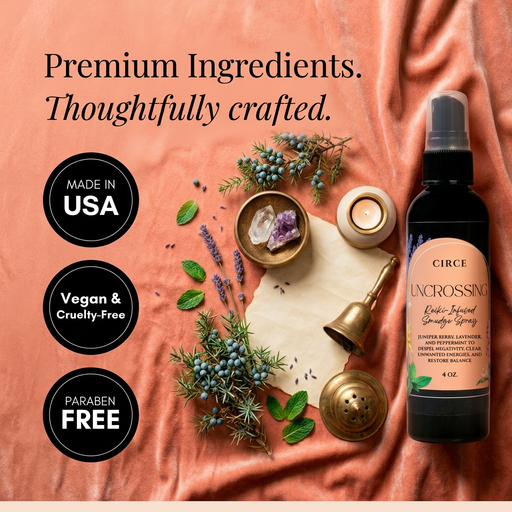 Circe Uncrossing bottle with natural ingredients on a textured surface, featuring 'Made in USA', 'Vegan & Cruelty-Free', and 'Paraben Free' labels.