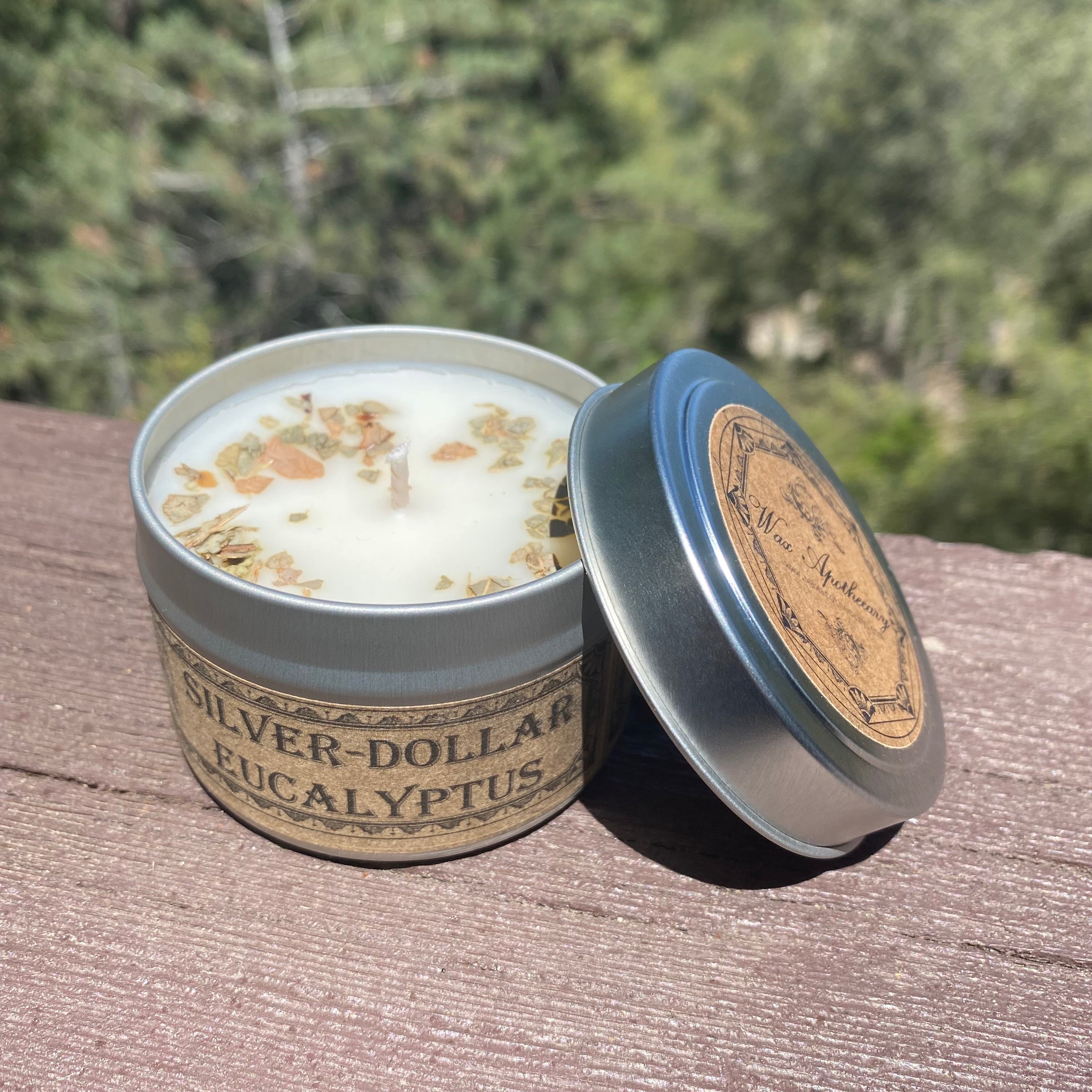 Silver-dollar eucalyptus candle in a tin with a natural label on a wooden surface with a blurred green background.