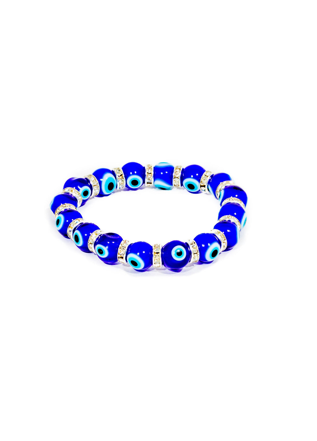 Blue beaded bracelet with evil eye design on a white background
