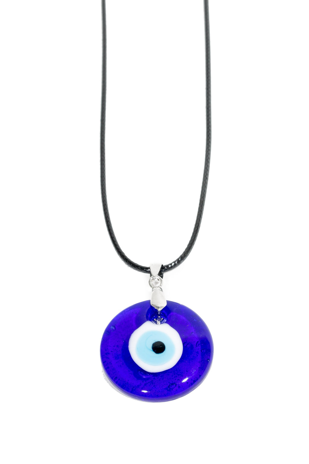 Blue evil eye pendant necklace on a white background