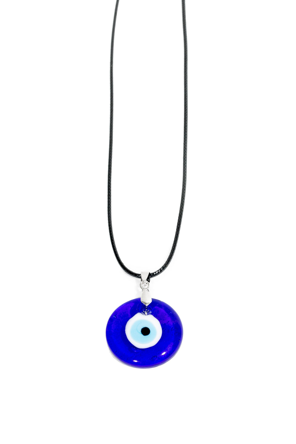 Blue evil eye pendant necklace on a white background
