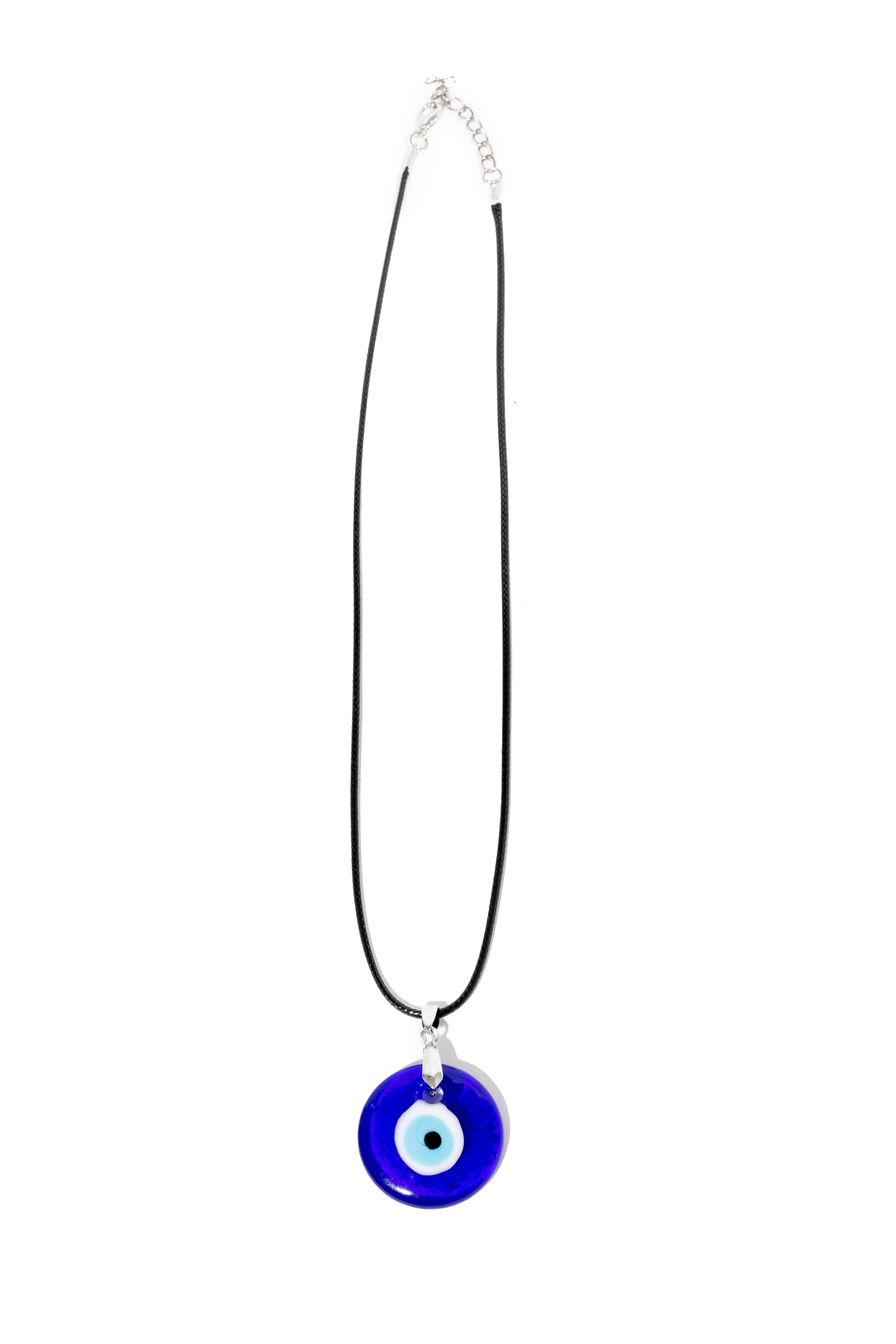 Necklace with a blue evil eye pendant on a white background