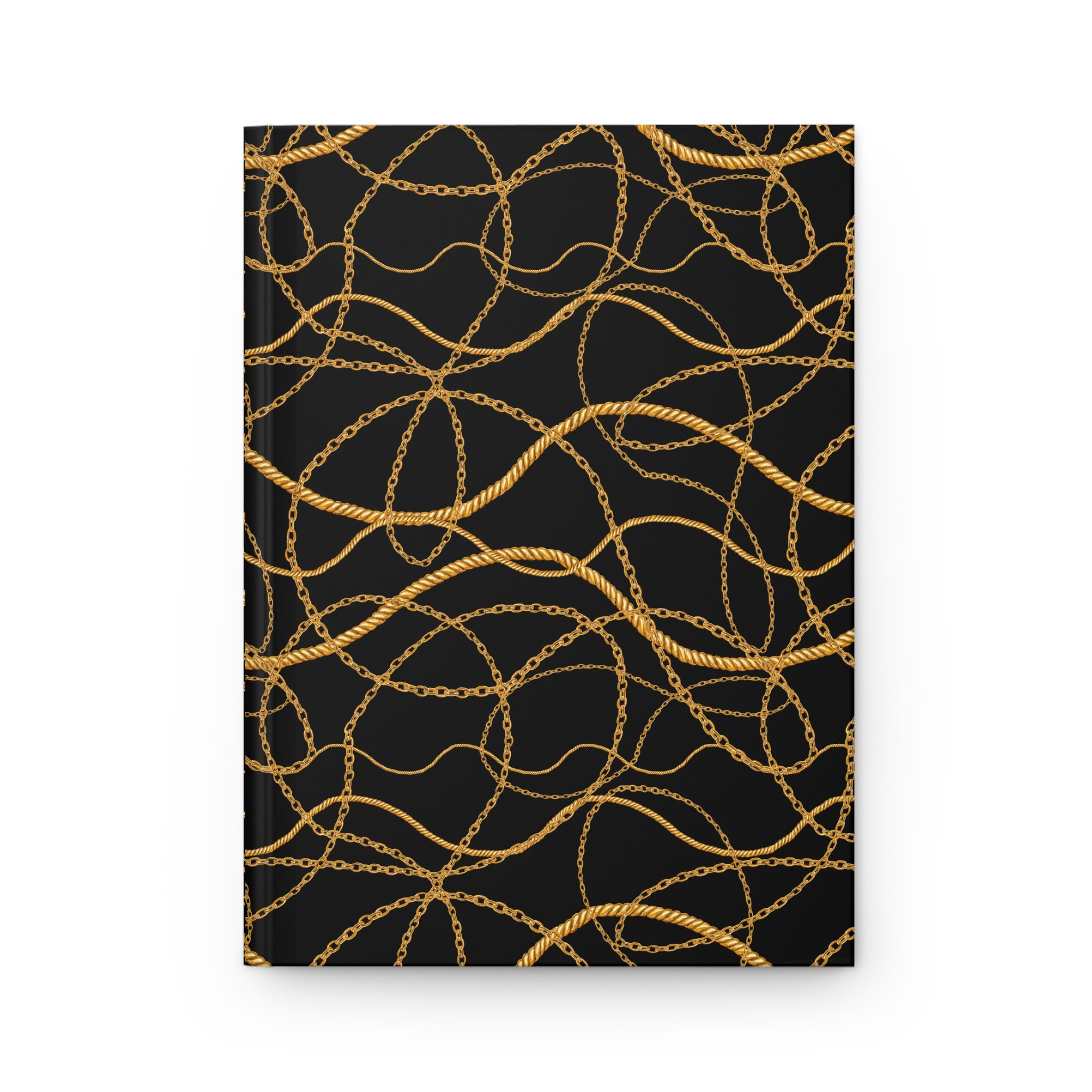 A hardcover notebook or journal with a black cover decorated with a repeating pattern of intertwined gold chains, shown against a plain white background.