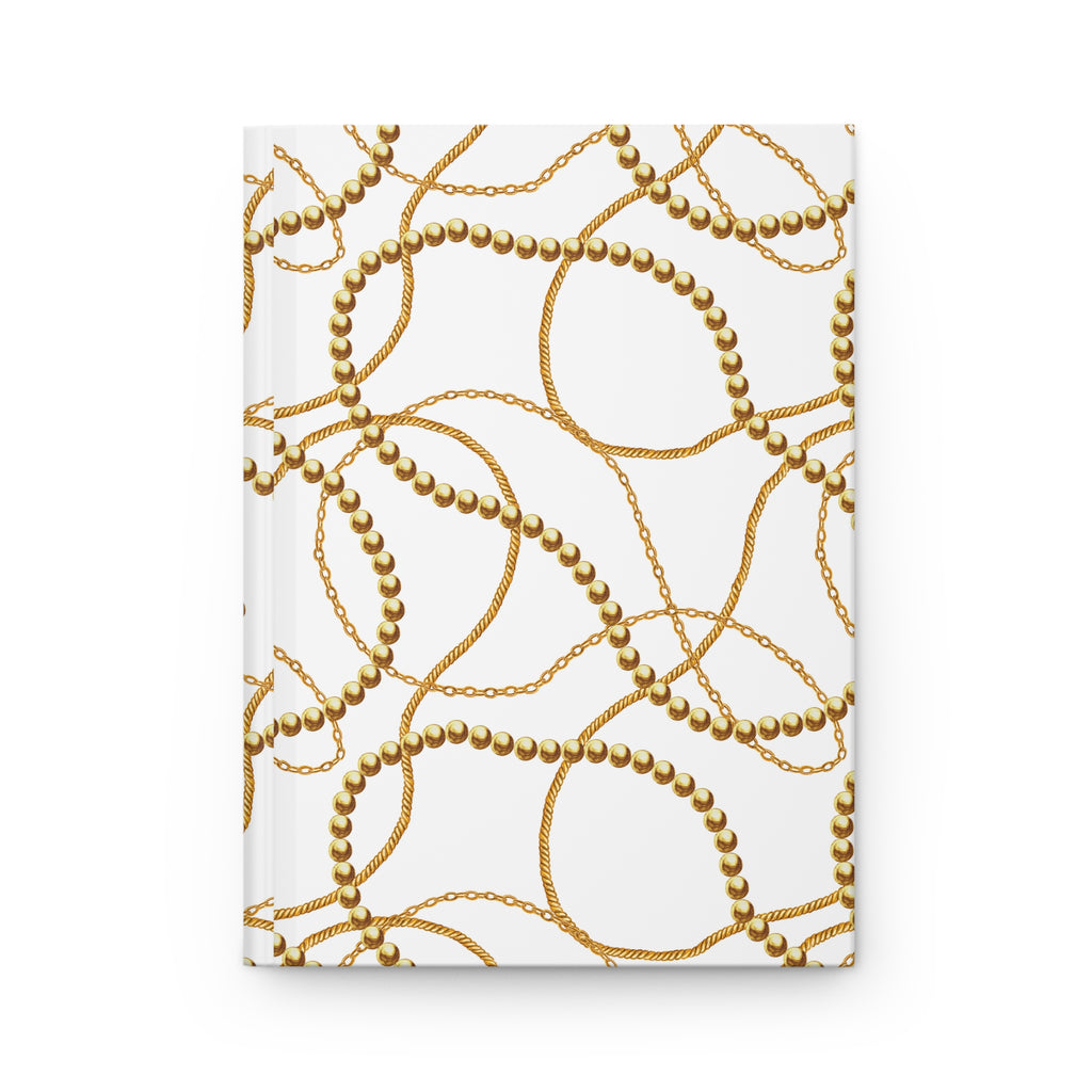 A hardcover notebook with a white cover decorated with a repeating pattern of interwoven gold chains and pearl-like beads, shown against a plain white background.