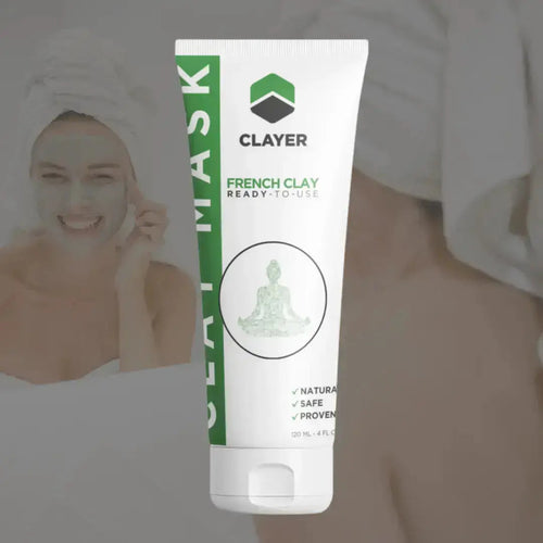 Clayer French Clay mask tube with a blurred background of a woman applying clay to her face.