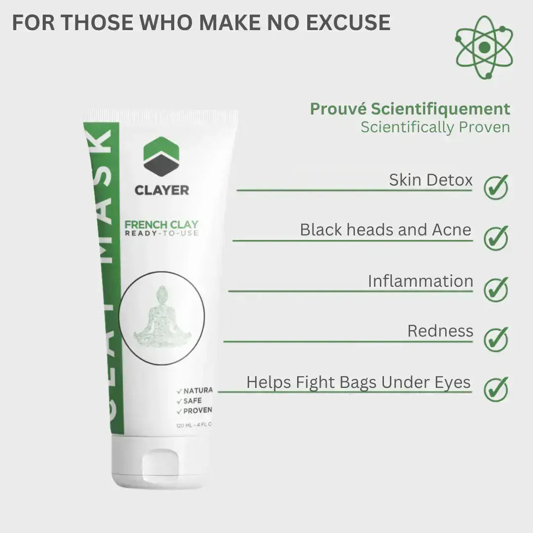 Clayer facial mask packaging with green and white design on a light gray background