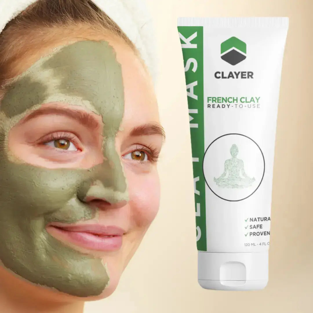 Woman with green clay mask on her face next to a Clayer French Clay mask tube.