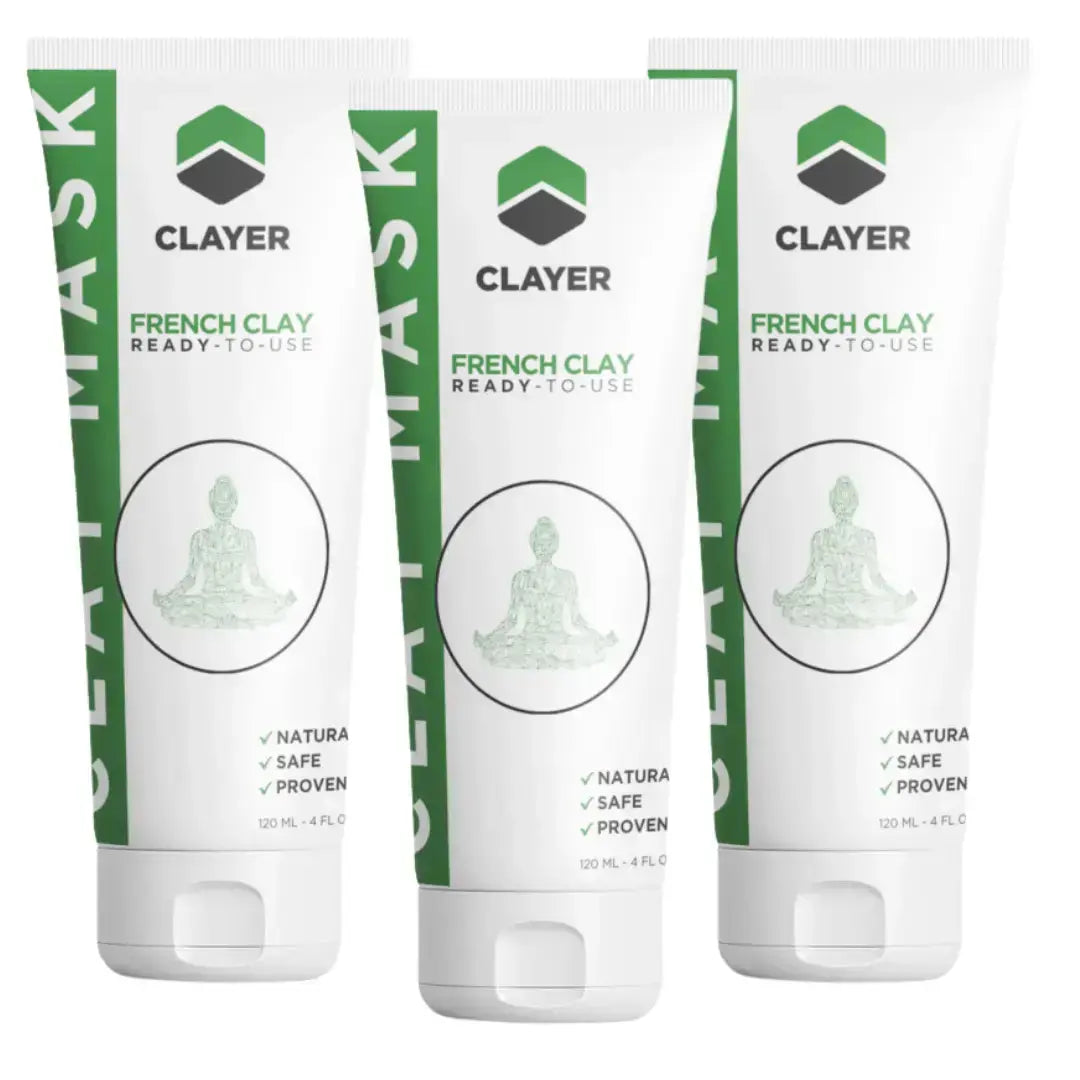 Three Clayer French Clay Mask tubes on a white background