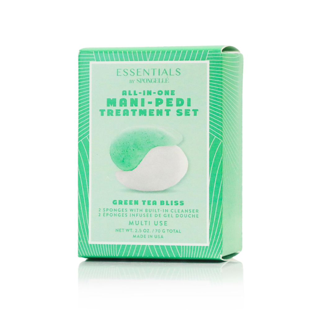 Green packaging of a mani-pedi treatment set with text on a white background