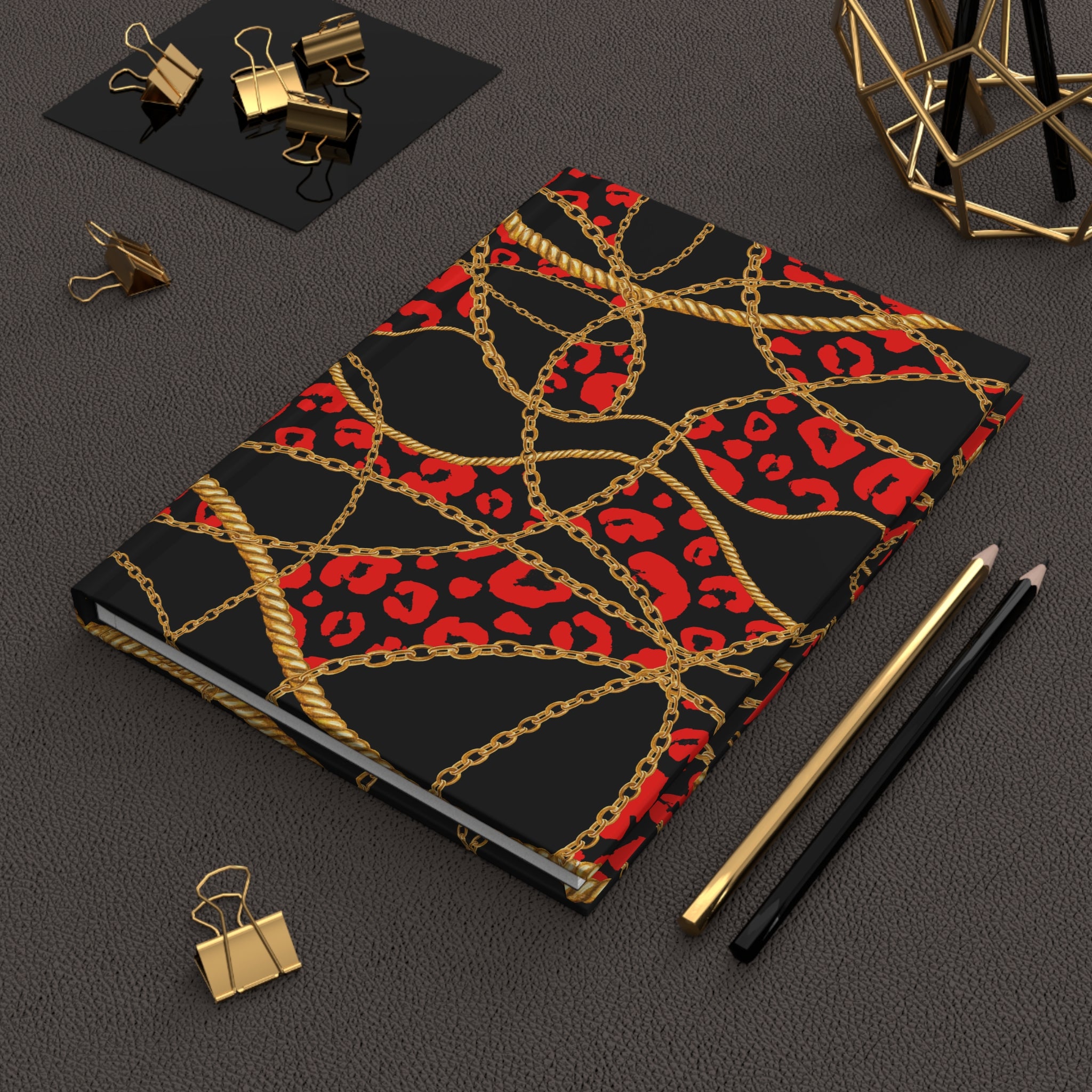 Hardcover Journal - Red Leopard & Gold Chain Pattern (Lined)