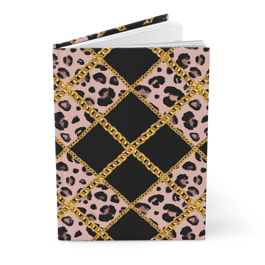 Hardcover Journal — Pink Leopard & Gold Chain Lattice (Lined) by Printify