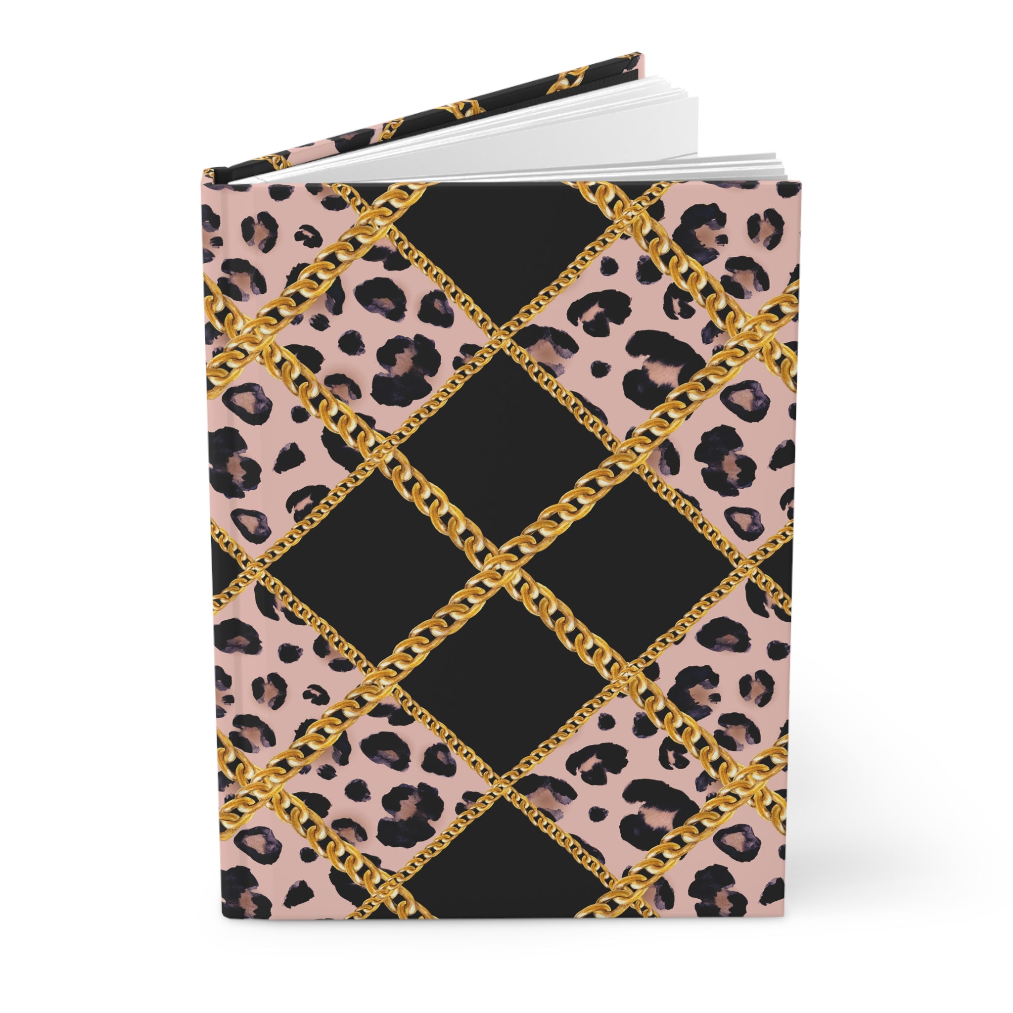 Hardcover Journal — Pink Leopard & Gold Chain Lattice (Lined) by Printify