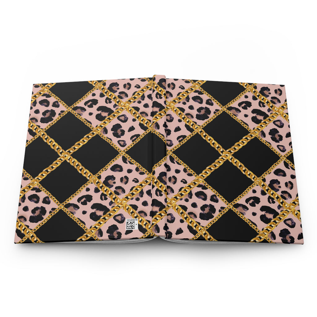 Hardcover Journal — Pink Leopard & Gold Chain Lattice (Lined) by Printify